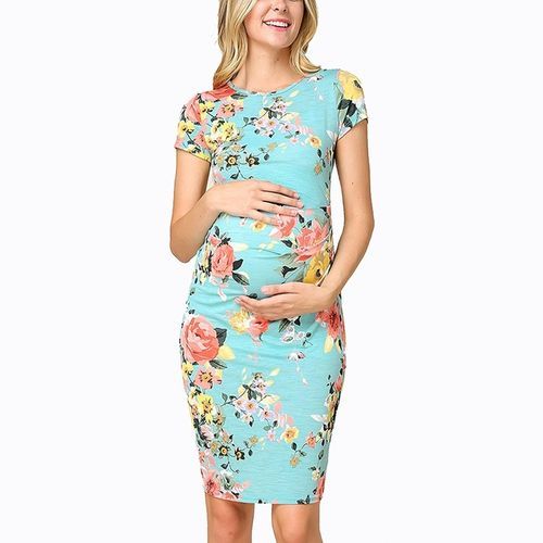 Printed Round Neck Short Sleeve Pressure Pleated Pregnant Women Dress - Baby Blue