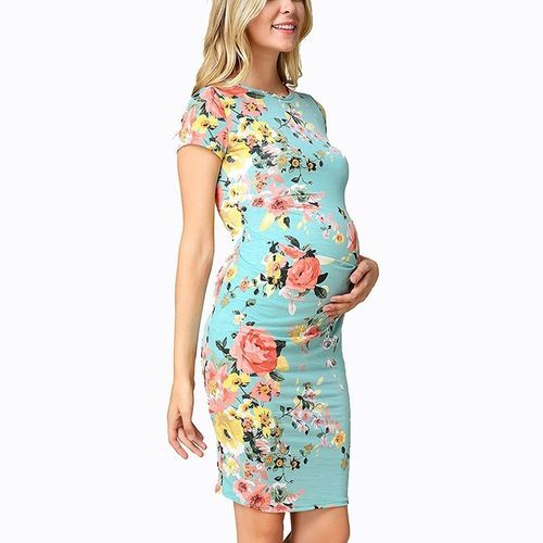 Printed Round Neck Short Sleeve Pressure Pleated Pregnant Women Dress - Baby Blue
