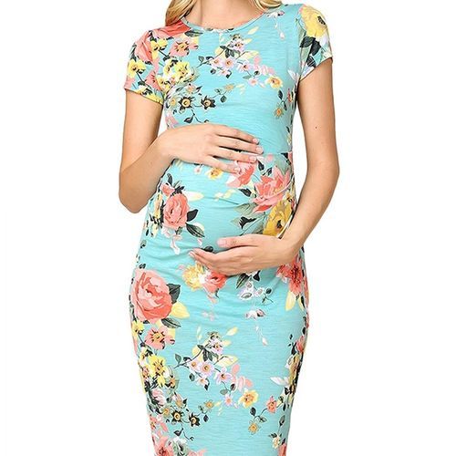 Printed Round Neck Short Sleeve Pressure Pleated Pregnant Women Dress - Baby Blue