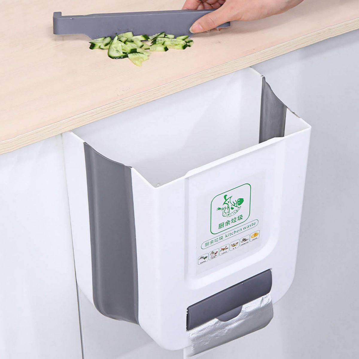 Kitchen Trash Can Cupboard Door Hanging Folding Trash Can Garbage Holder White