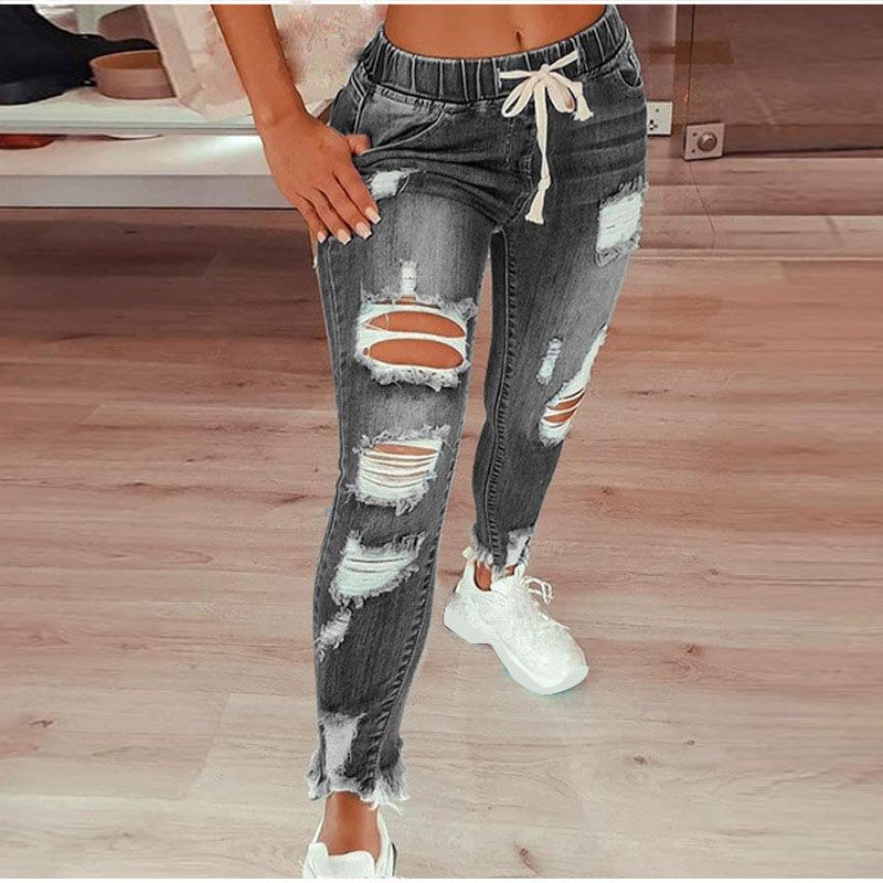 (Gray)Plus Size Jeans Women 2021 European And American Style Ripped Skinny Jeans For Teen Girls SAB