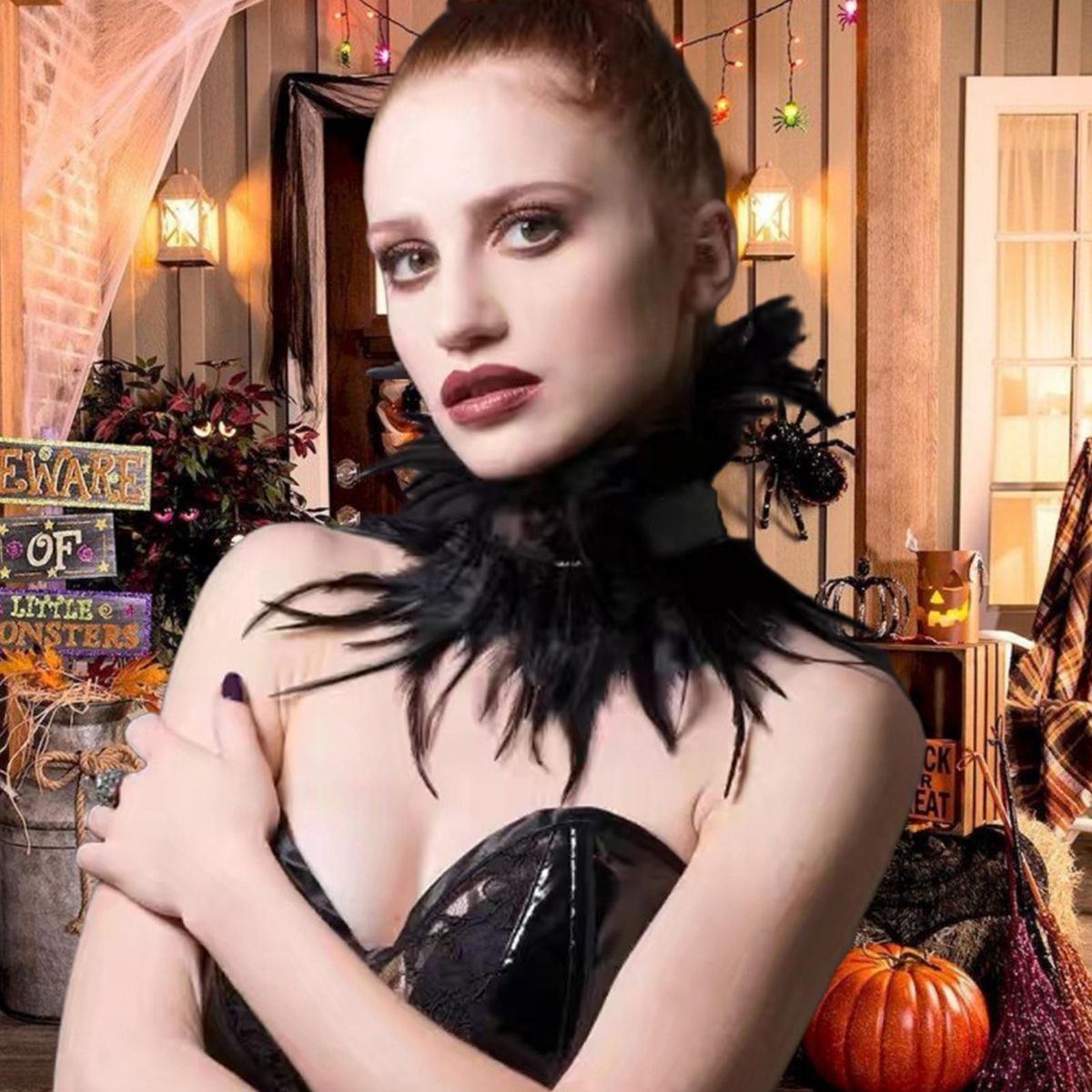 Faux Feather Fake Collar Feathered Lace Neck Sleeve Chic for Women Black