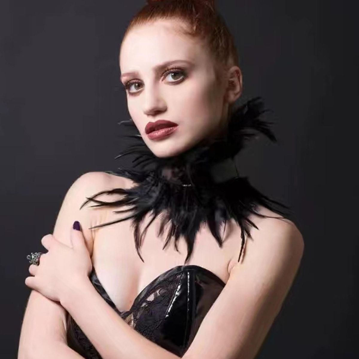 Faux Feather Fake Collar Feathered Lace Neck Sleeve Chic for Women Black