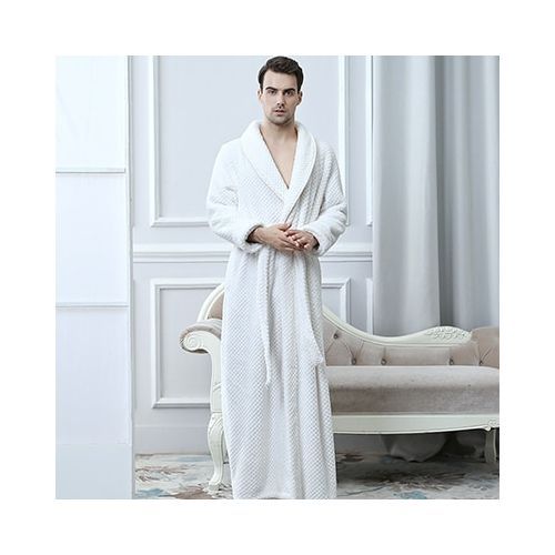 On Sale Women Men Silk Flannel Long Kimono Bathrobe Winter Warm Bath Robe Femme Dressing Gown Bridesmaid Robes Bride Wedding（#Men White Plaid）