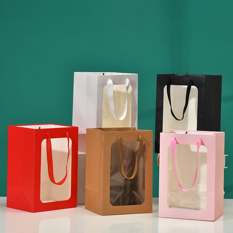 10pcs Transparent Window Kraft Paper Gift Bags Flower Gifts