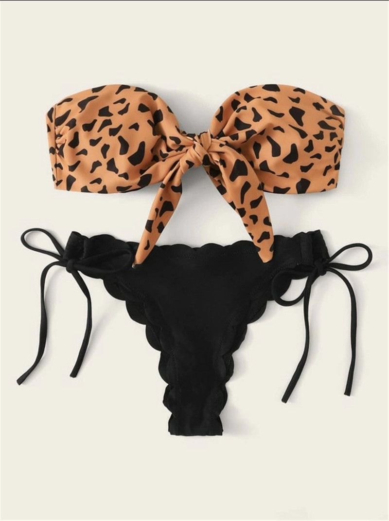 Beach Bikini Woman Front Lace Up Tie Sless Leopard Swimsuit Female Push Up Ruffled Bow Bathing Suit  Swimwear Black KIP