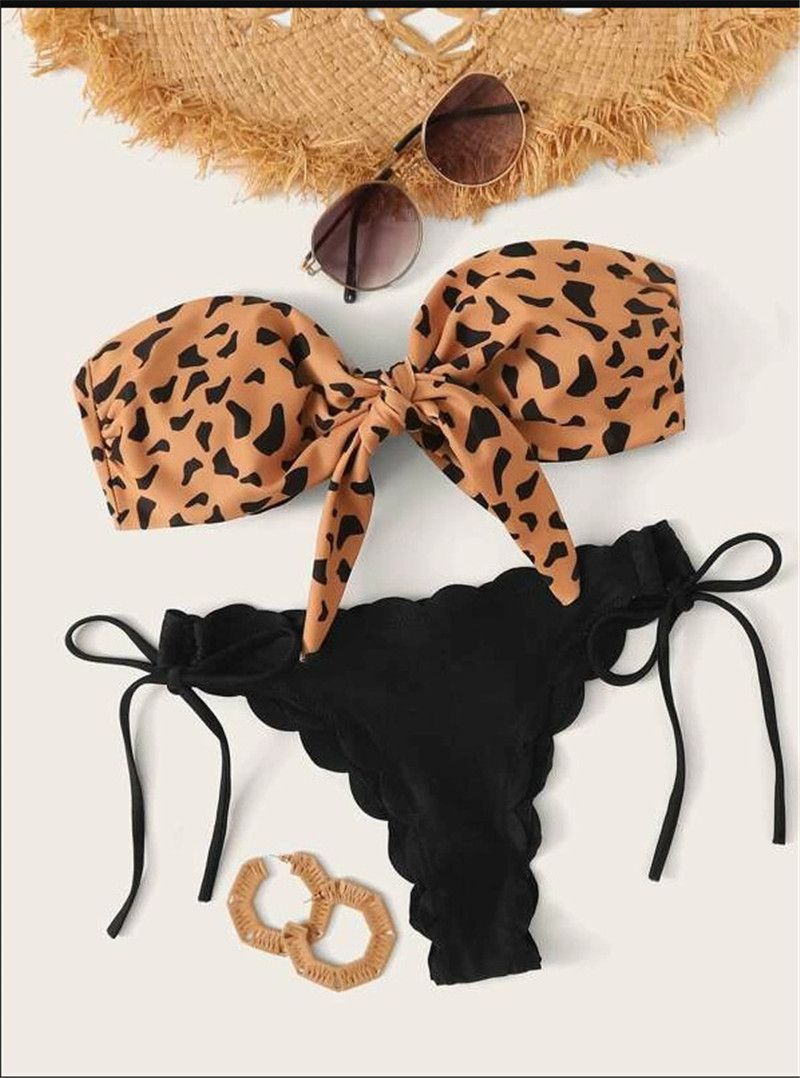 Beach Bikini Woman Front Lace Up Tie Sless Leopard Swimsuit Female Push Up Ruffled Bow Bathing Suit  Swimwear Black KIP