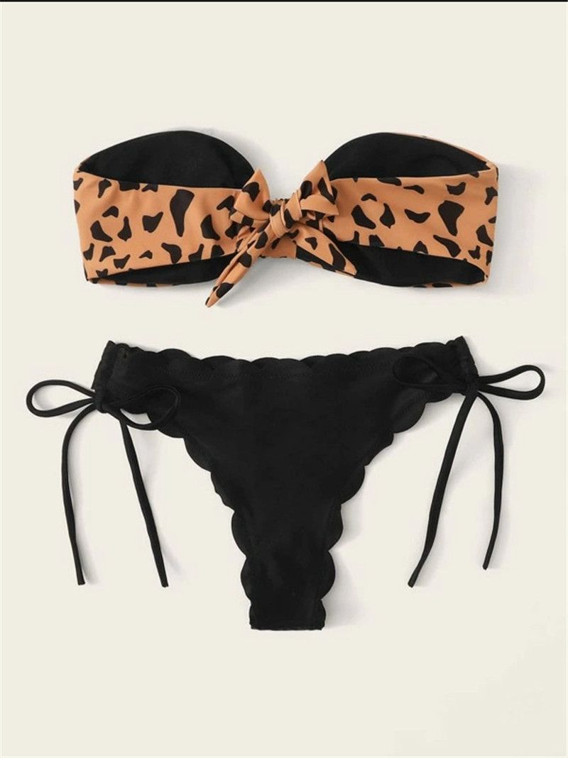 Beach Bikini Woman Front Lace Up Tie Sless Leopard Swimsuit Female Push Up Ruffled Bow Bathing Suit  Swimwear Black KIP