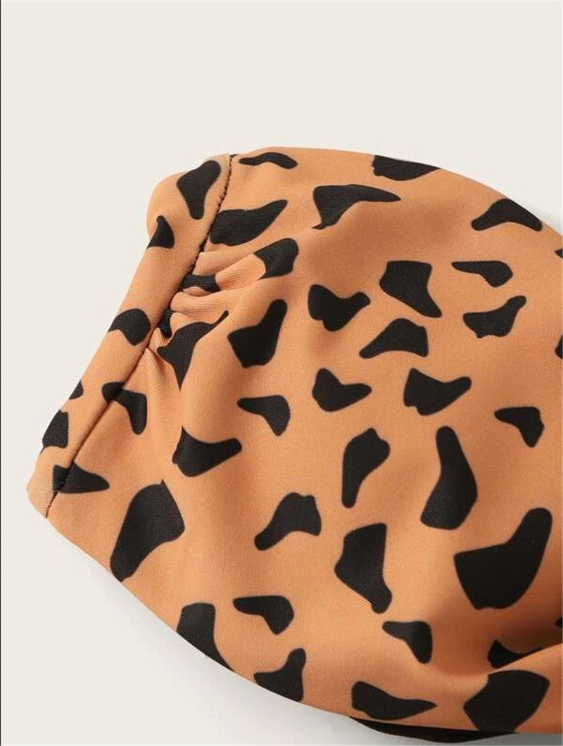 Beach Bikini Woman Front Lace Up Tie Sless Leopard Swimsuit Female Push Up Ruffled Bow Bathing Suit  Swimwear Black KIP