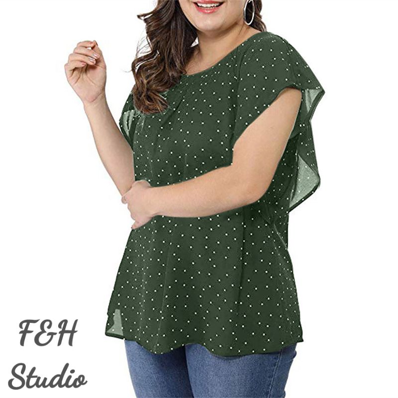3564 L-5XL Ruffle Sleeves Plus Size Polka Dot Blouse Green