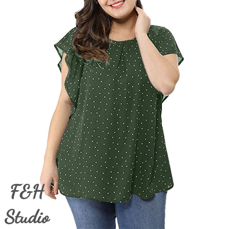 3564 L-5XL Ruffle Sleeves Plus Size Polka Dot Blouse Green