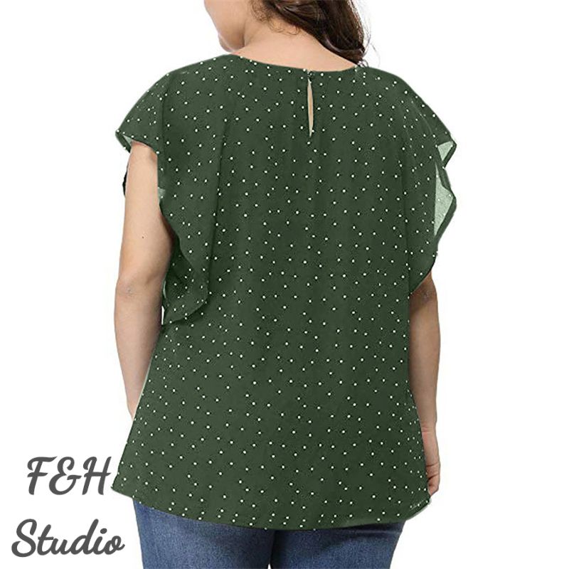 3564 L-5XL Ruffle Sleeves Plus Size Polka Dot Blouse Green