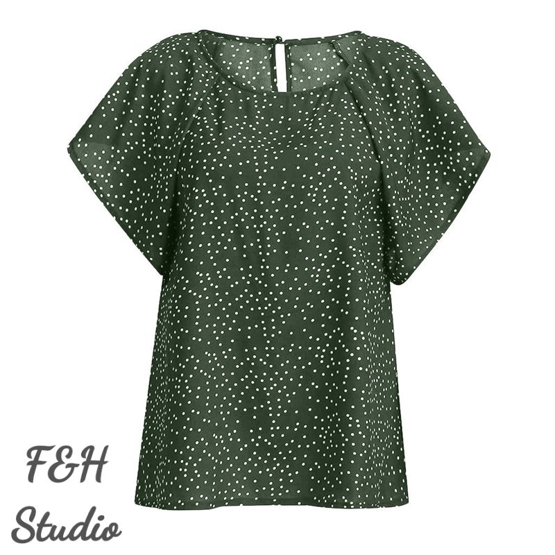 3564 L-5XL Ruffle Sleeves Plus Size Polka Dot Blouse Green
