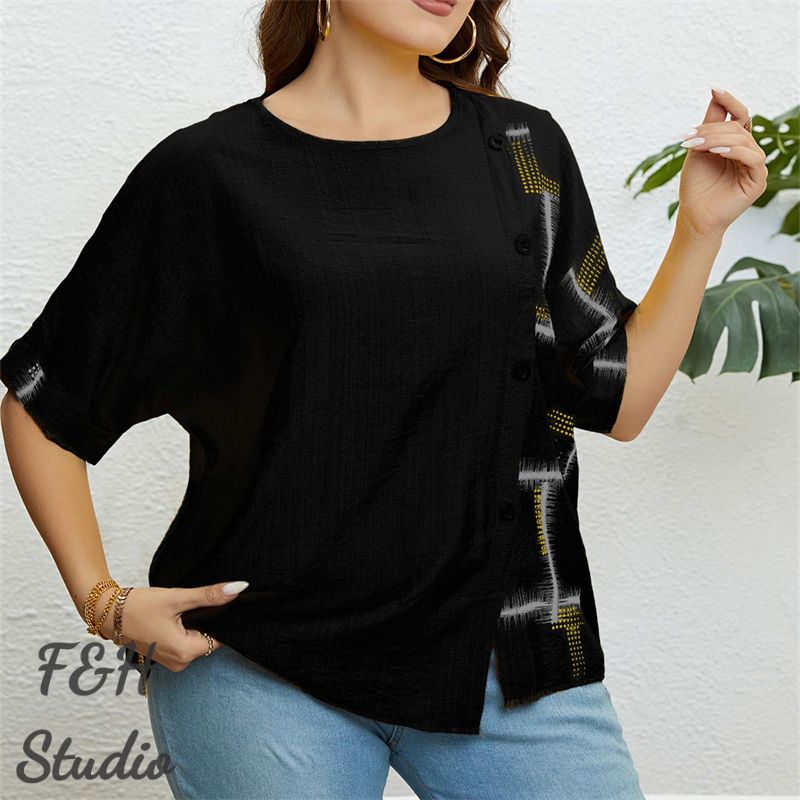 F&H 3327 XL-3XL Women Plus Size Button Up Loose Blouse Black