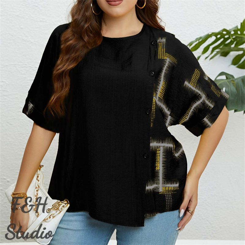 F&H 3327 XL-3XL Women Plus Size Button Up Loose Blouse Black