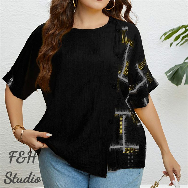 F&H 3327 XL-3XL Women Plus Size Button Up Loose Blouse Black