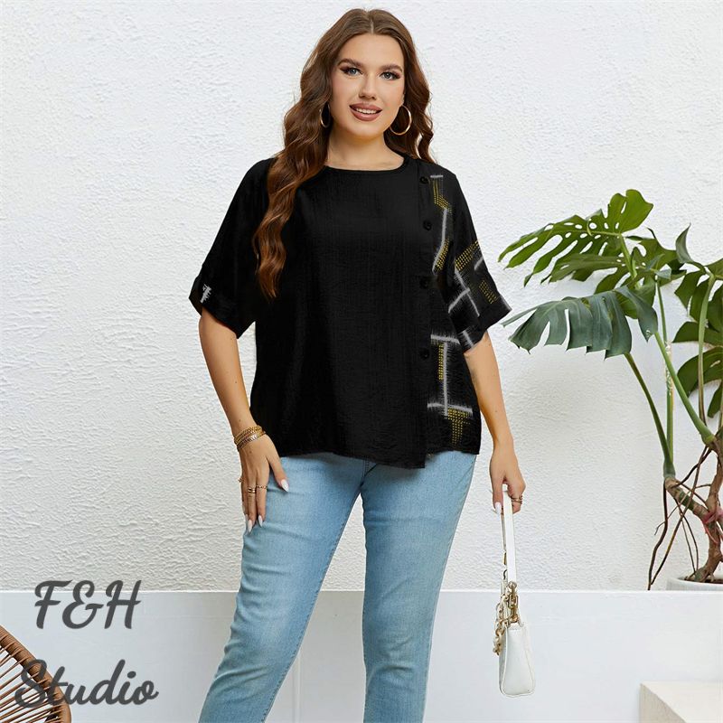 F&H 3327 XL-3XL Women Plus Size Button Up Loose Blouse Black