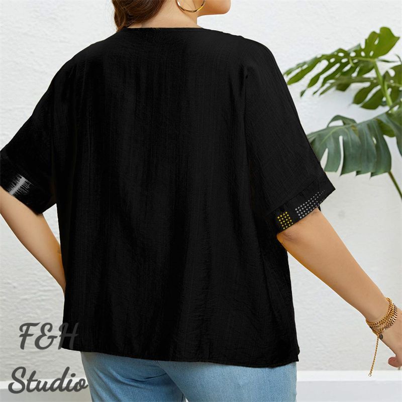 F&H 3327 XL-3XL Women Plus Size Button Up Loose Blouse Black