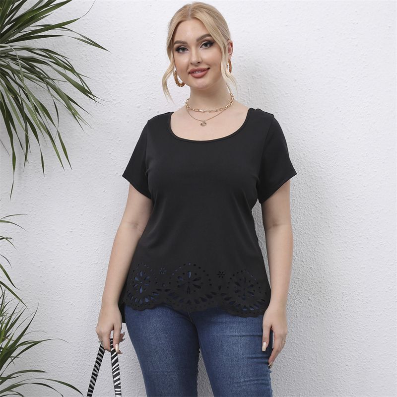 L-4XL Women Basic Curve Big Size Tops Round Neck Short Sleeves Work OL Office Plus Size T-Shirt 2921