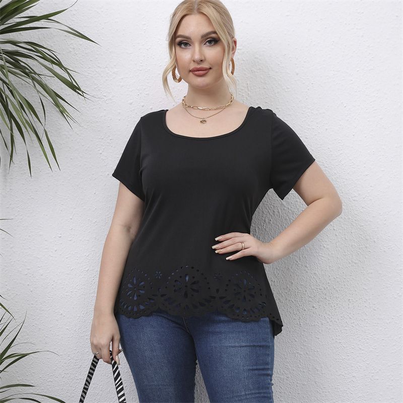 L-4XL Women Basic Curve Big Size Tops Round Neck Short Sleeves Work OL Office Plus Size T-Shirt 2921