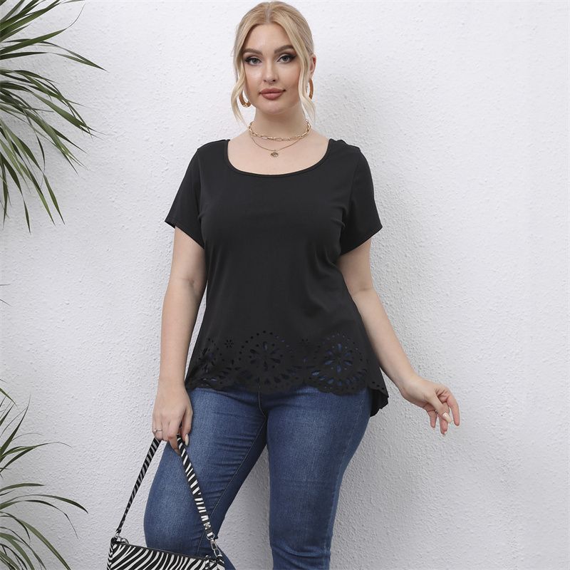 L-4XL Women Basic Curve Big Size Tops Round Neck Short Sleeves Work OL Office Plus Size T-Shirt 2921