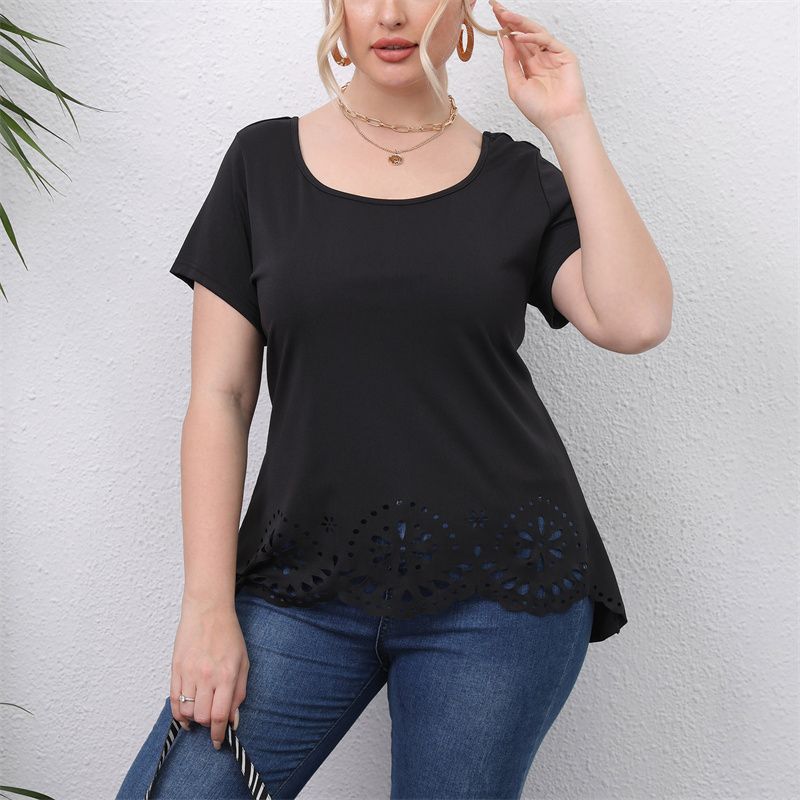 L-4XL Women Basic Curve Big Size Tops Round Neck Short Sleeves Work OL Office Plus Size T-Shirt 2921