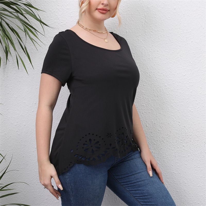 L-4XL Women Basic Curve Big Size Tops Round Neck Short Sleeves Work OL Office Plus Size T-Shirt 2921