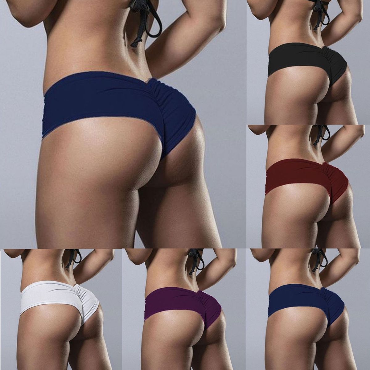 Women Sexy Solid Color Stretchy Briefs Hip Lift Underpants Underwear Panties-Navy Blue