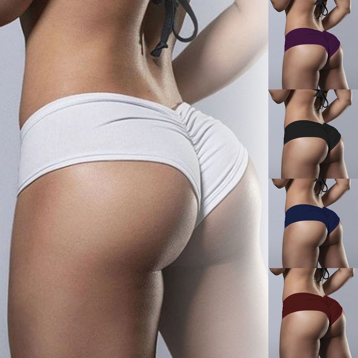Women Sexy Solid Color Stretchy Briefs Hip Lift Underpants Underwear Panties-Navy Blue