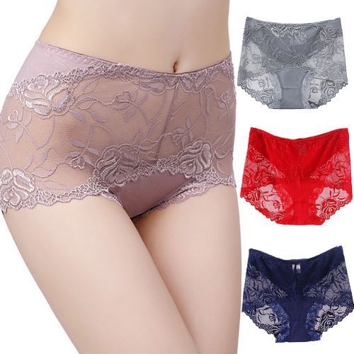 Sexy Women High Waist Lace See Through Underpants Elastic Briefs-Coffee