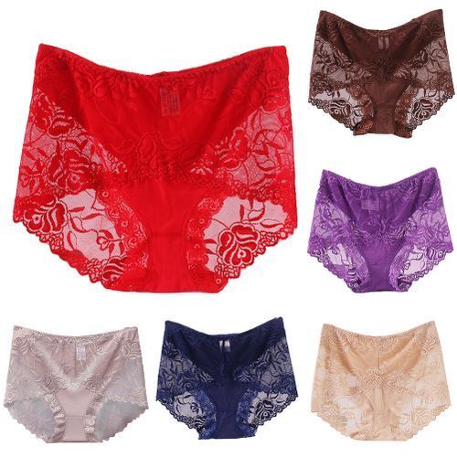 Sexy Women High Waist Lace See Through Underpants Elastic Briefs-Coffee