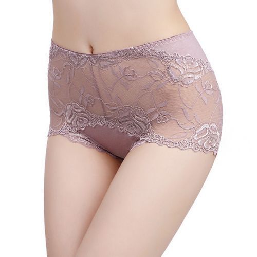 Sexy Women High Waist Lace See Through Underpants Elastic Briefs-Coffee