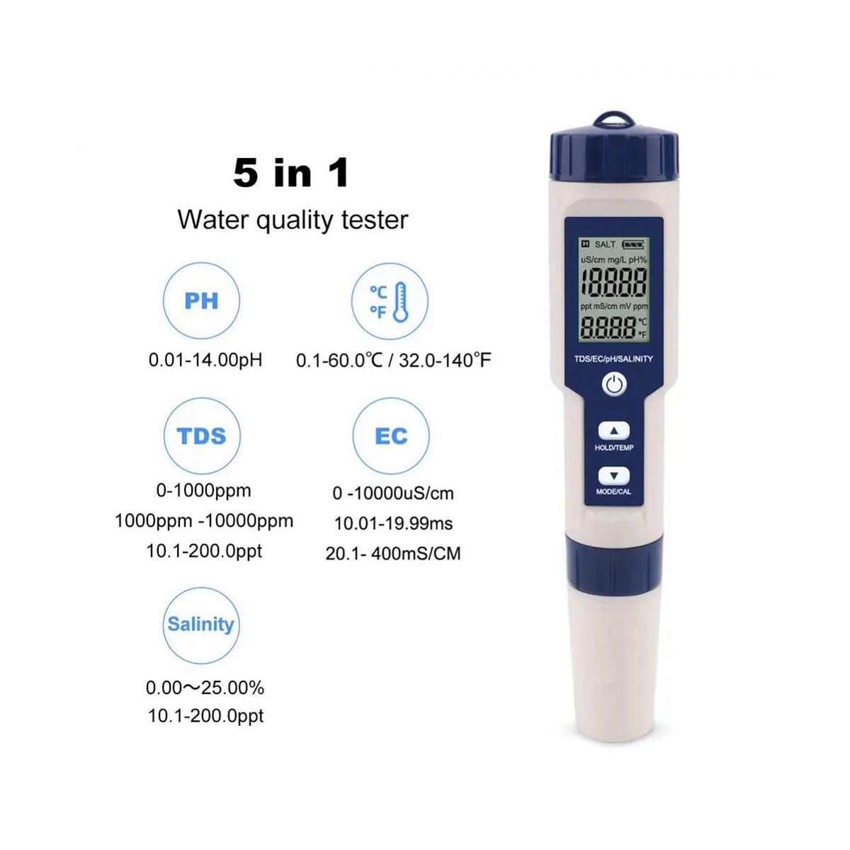 5 in 1 TDS/EC/PH/Salinity/Temperature Meter Digital Water Quality Monitor Tester for Pools, Drinking Water, Aquariums