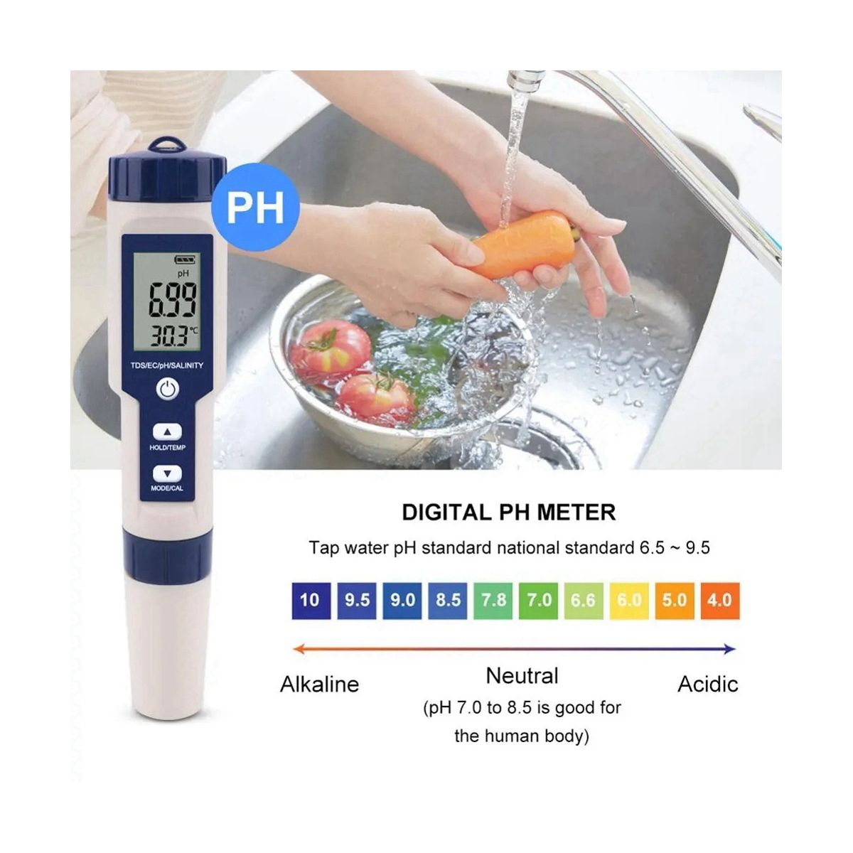 5 in 1 TDS/EC/PH/Salinity/Temperature Meter Digital Water Quality Monitor Tester for Pools, Drinking Water, Aquariums