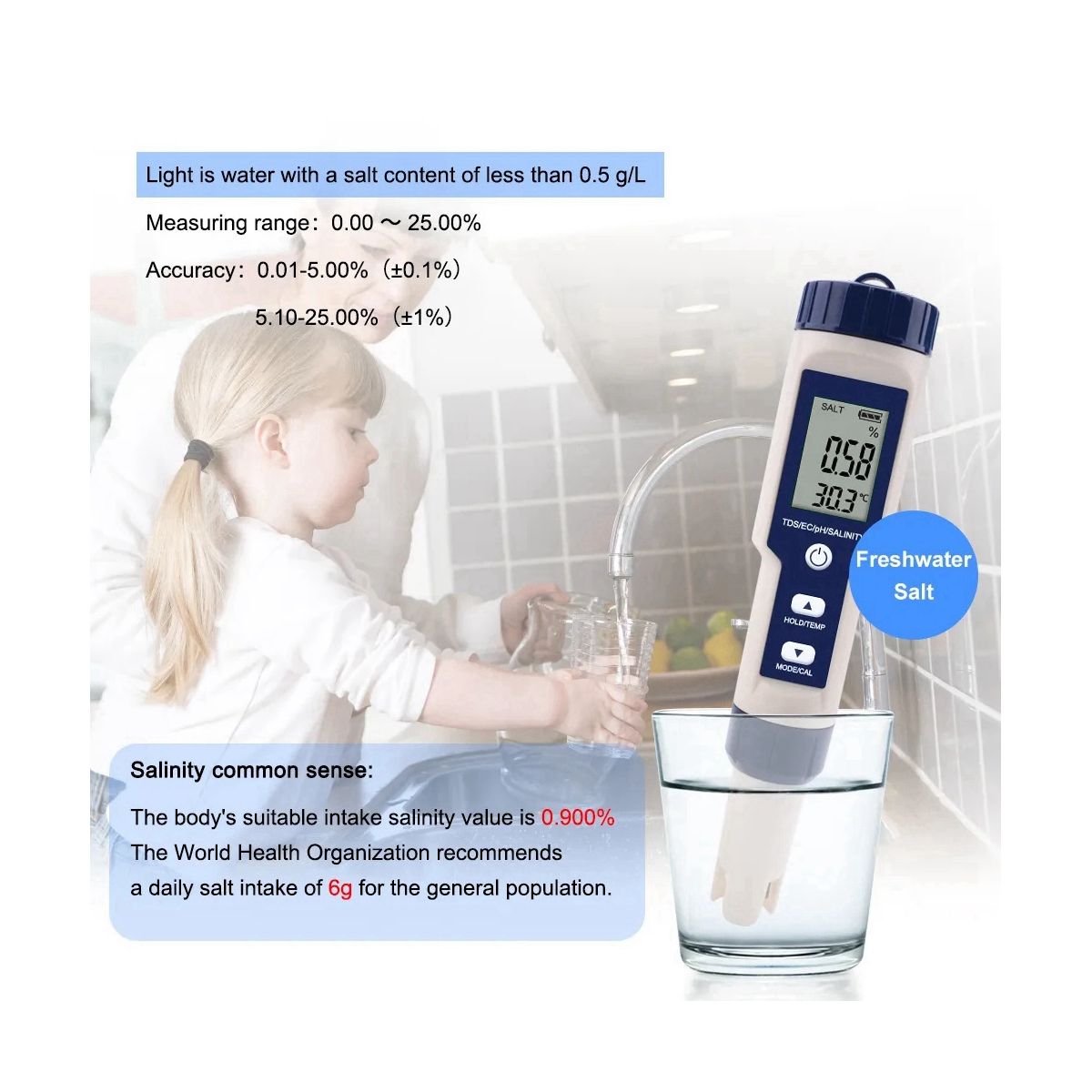 5 in 1 TDS/EC/PH/Salinity/Temperature Meter Digital Water Quality Monitor Tester for Pools, Drinking Water, Aquariums