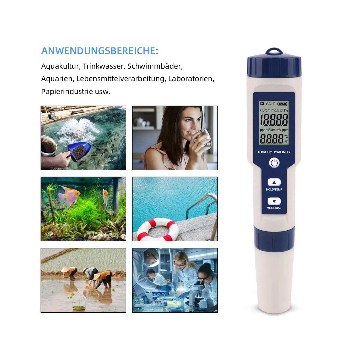 5 in 1 TDS/EC/PH/Salinity/Temperature Meter Digital Water Quality Monitor Tester for Pools, Drinking Water, Aquariums