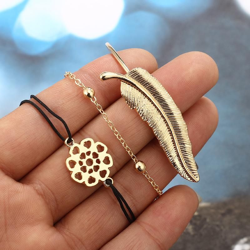 Feather Bangles for Women Gold Color Beads Chain Black Rope