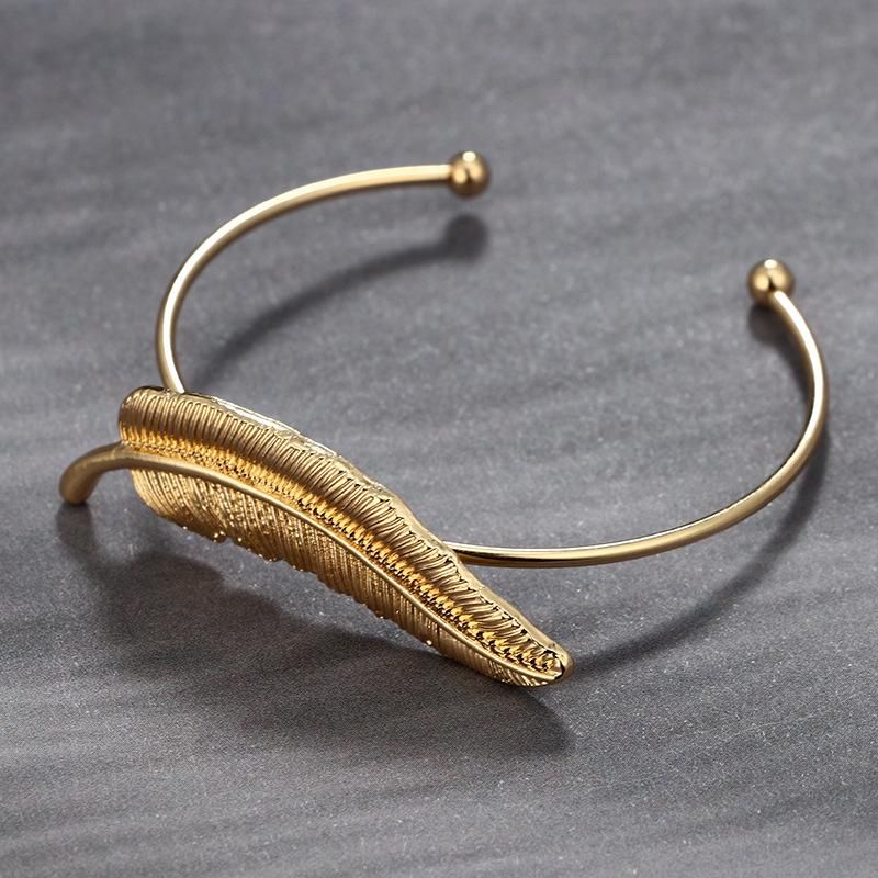 Feather Bangles for Women Gold Color Beads Chain Black Rope