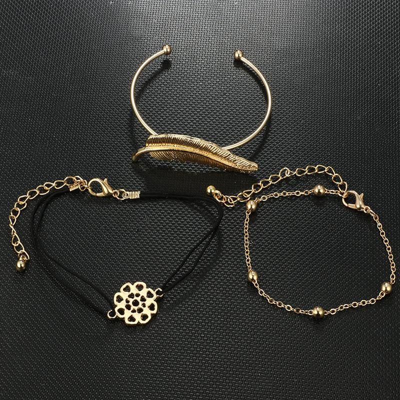 Feather Bangles for Women Gold Color Beads Chain Black Rope