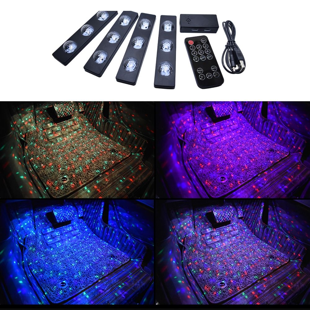 4 In 1 3.2W 12 LEDs RGB Car Interior Floor Decoration Atmosphere Colorful Neon Light Lamp With Wireless Remote Control And Voice Control Function