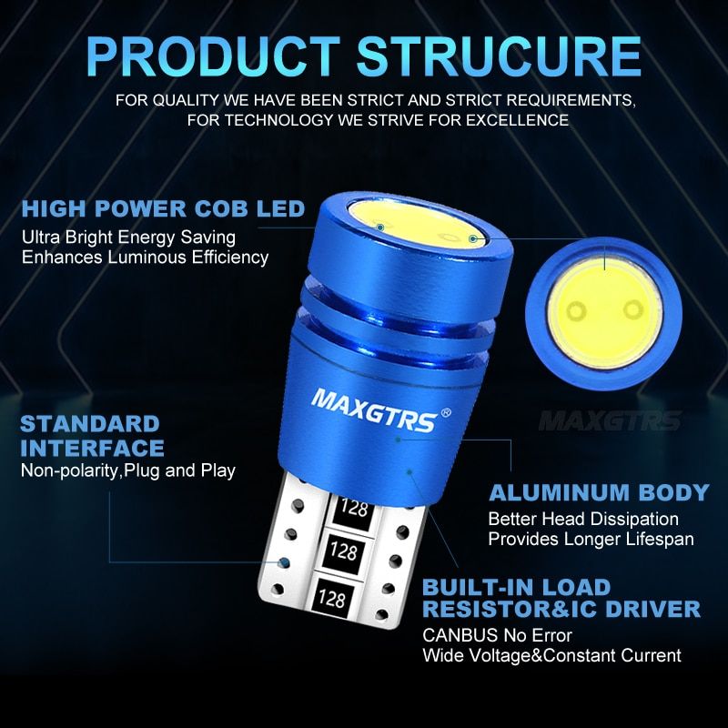 MAXGTRS High Power T10 W5w Led 12V Xenon 4300K Car Light Lamp Interior Light Canbus Error Warning Free Top Quality Crystal Blue