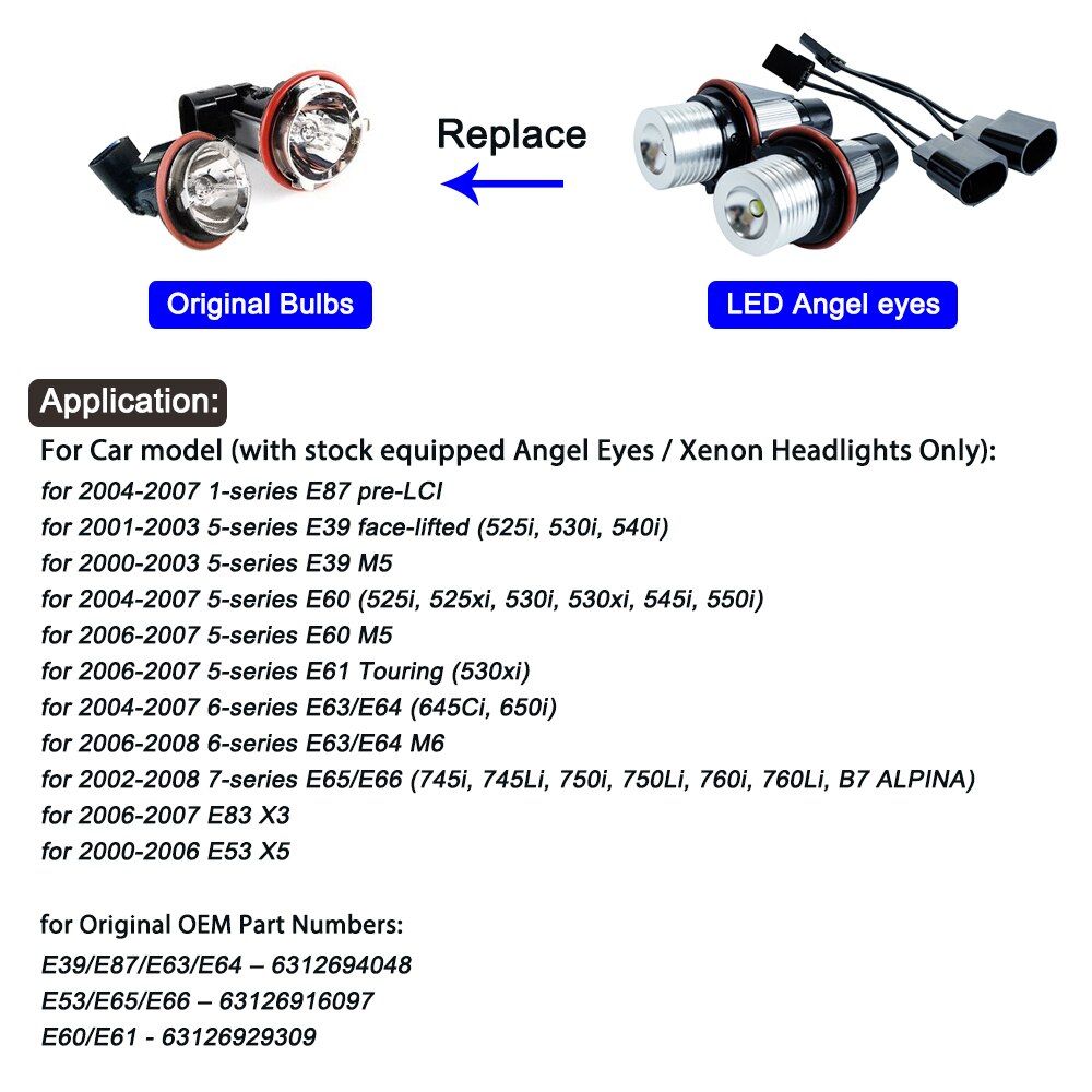 2Pcs LED Angel Eyes Marker Lights Bulbs For E39 E53 E60 E61 E63 E64 E65 E66 E87 525i 530i Xi 545i M5 Error Free 2*5W Red