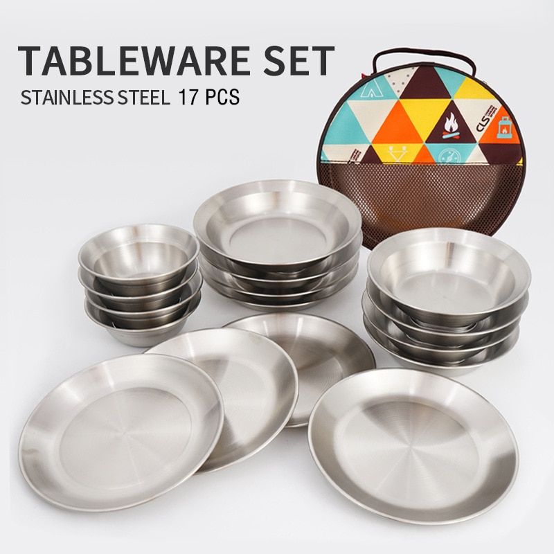 17Pcs/Set Camping Mess Kit Outdoor Tableware Stainless Steel Barbecue Picnic Plate Bowl
