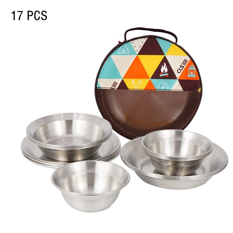 17Pcs/Set Camping Mess Kit Outdoor Tableware Stainless Steel Barbecue Picnic Plate Bowl