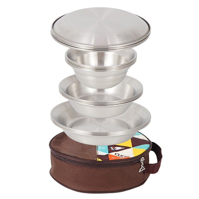 17Pcs/Set Camping Mess Kit Outdoor Tableware Stainless Steel Barbecue Picnic Plate Bowl