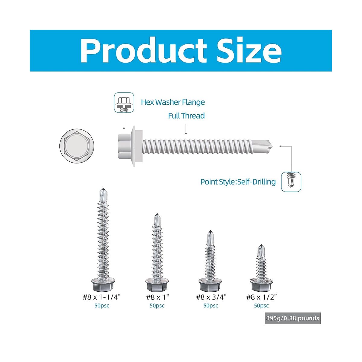 200PCS 8 x 1/2 Inch to 1-1/4 Inch Self Drilling Screws for Metal,Stainless Steel Sheet Screws,for Building and Repair