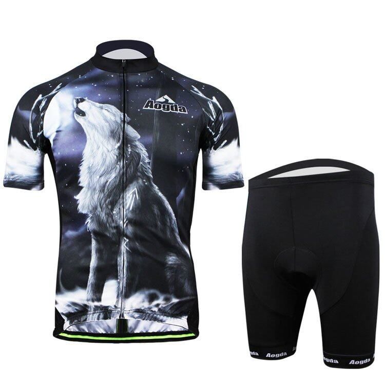 Personalized Pattern Men Short Sleeve Breathable Cycling Jerseys And Shorts Quick-Dry Bike Wear Aogda Bicycle Kit Wolf Howls At Night