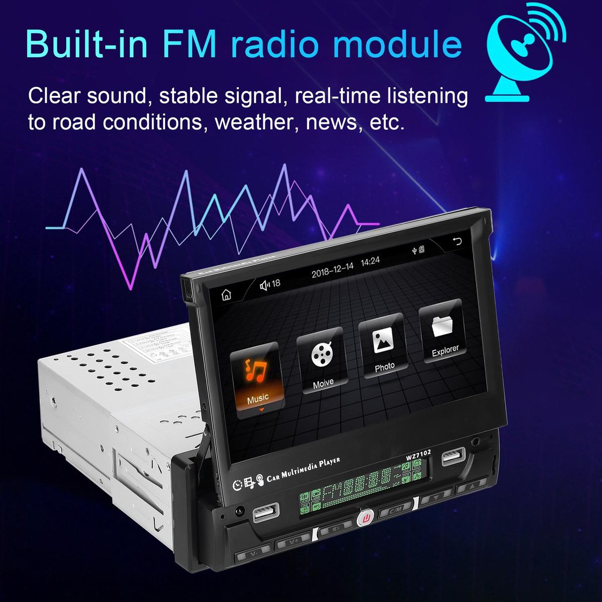 7 Inch Single Din Car Stereo with Telescopic Touchscreen FM Radio BT MP5 Player Support Carplay Android Auto Phone Link Hands-Free Calling TF/UBS/AUX-IN Reverse Picture Steering Wheel Control