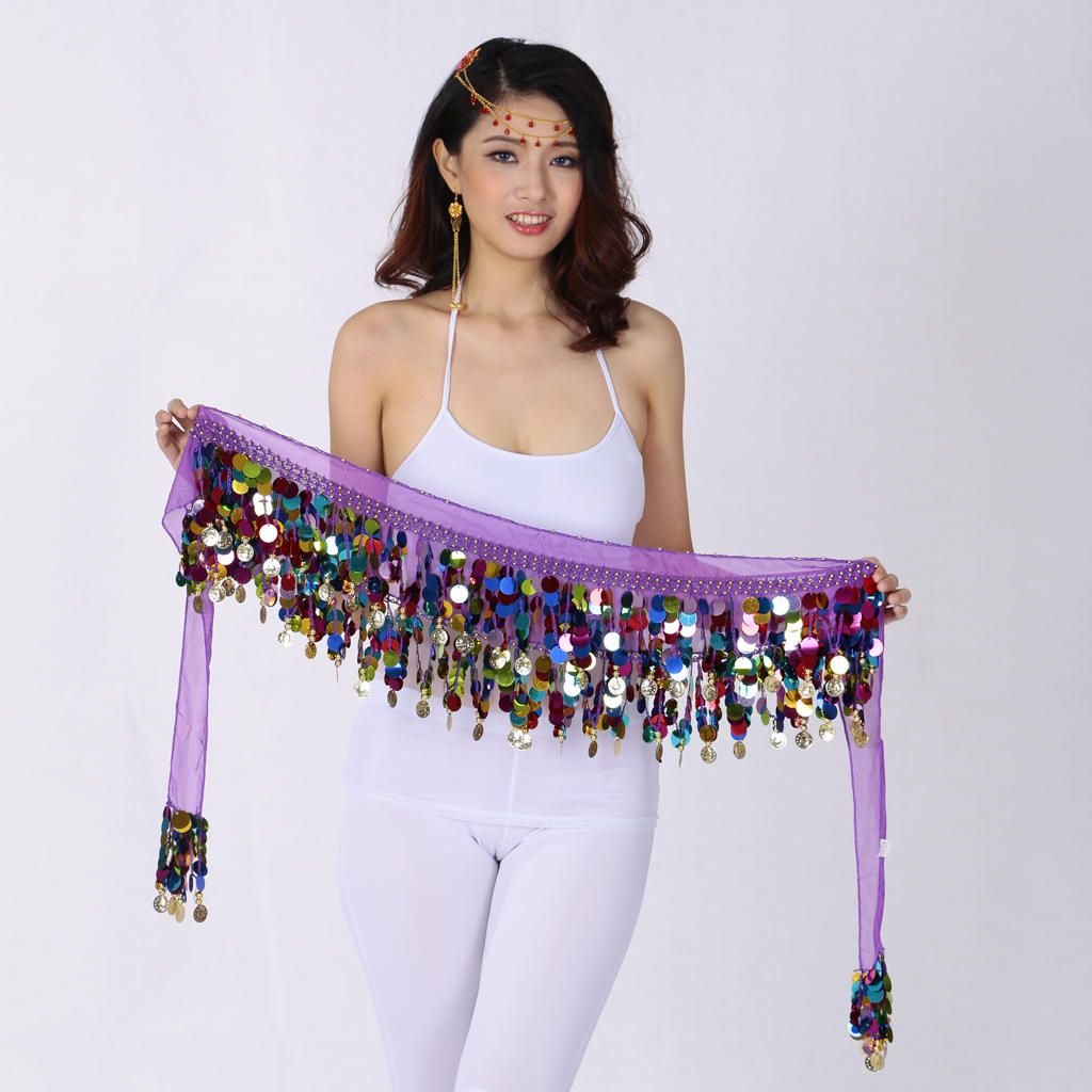 Women's Sequins Beads Belly Dance Skirt Hip Scarf Waistband Purple