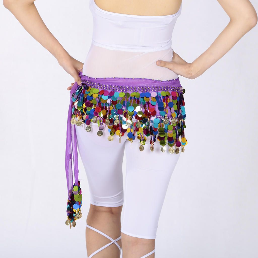 Women's Sequins Beads Belly Dance Skirt Hip Scarf Waistband Purple